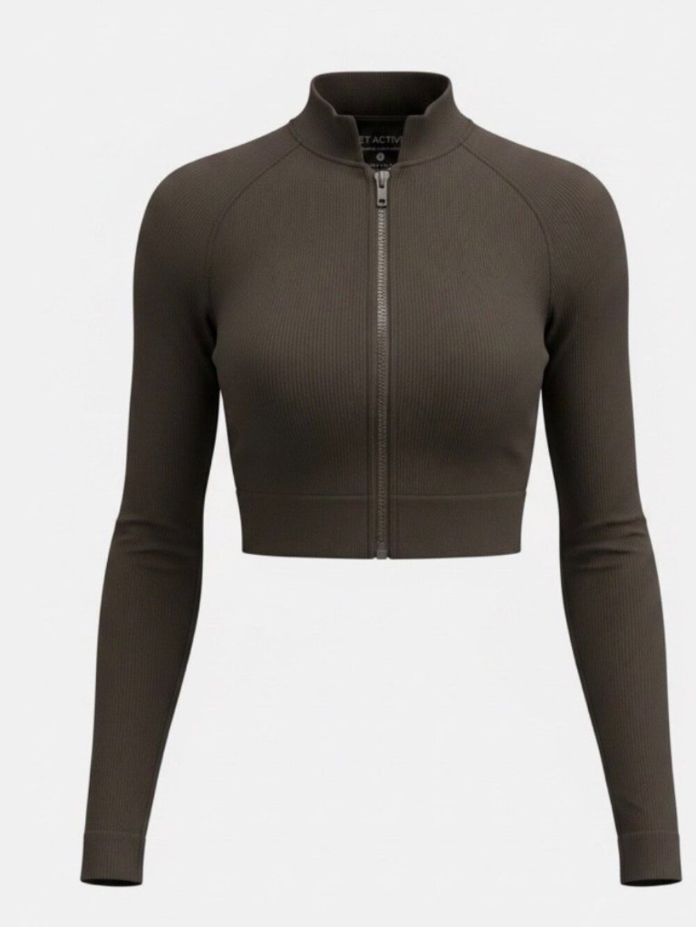 SET ACTIVE Women's Activewear Ribbed Sportbody Zip Up Cropped Top, Brown, Size S - Picture 1 of 7